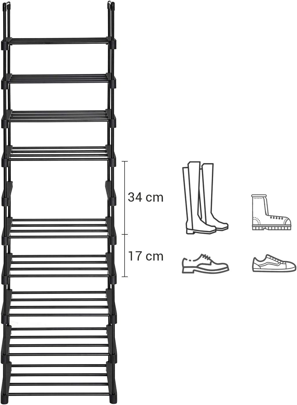 Stojalo za čevlje, 10-nivojski kovinski sistem za shranjevanje čevljev 45 x 174 x 30 cm, črn | SONGMICS-Vasdom.si