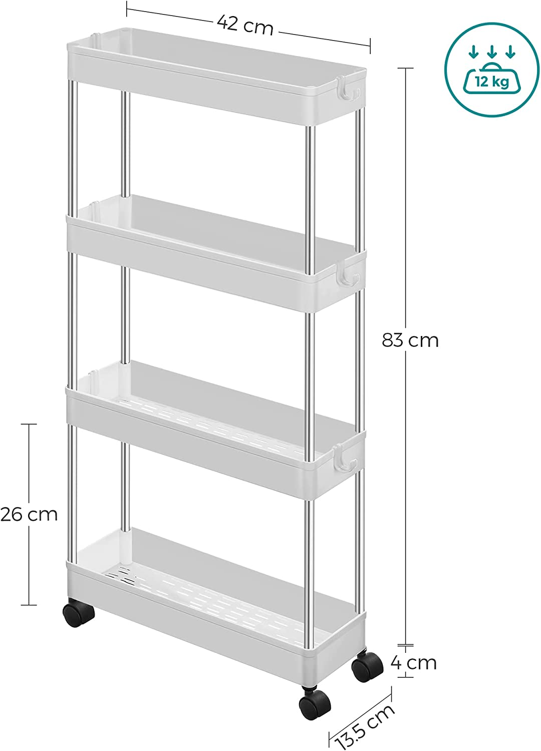 Ozek 4-nadstropni voziček za shranjevanje, 42 x 87 x 13,5 cm, bel | SONGMICS-Vasdom.si