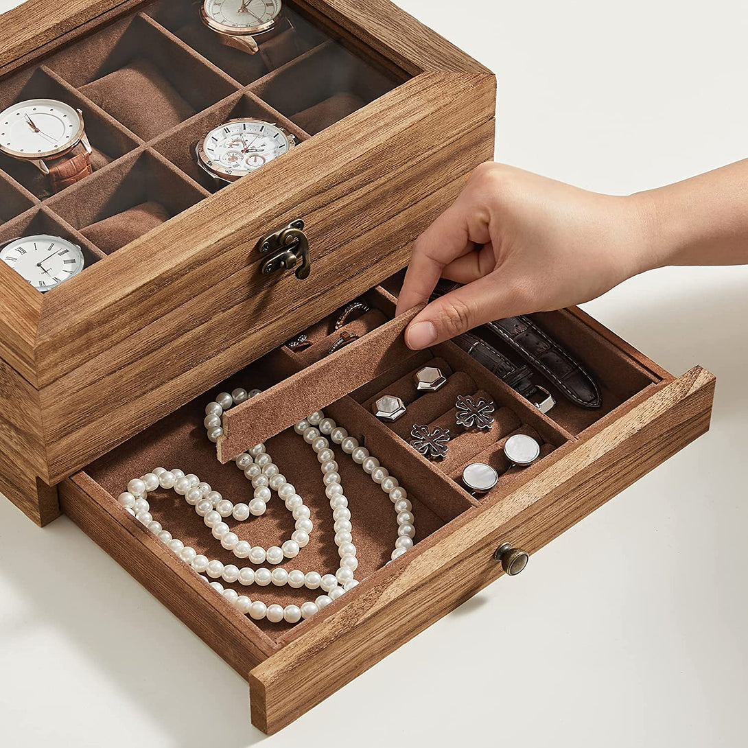 Škatla za uro, škatla za nakit s steklenim pokrovom, 27 x 13 x 20 cm, rustikalni oreh | SONGMICS-Vasdom.si