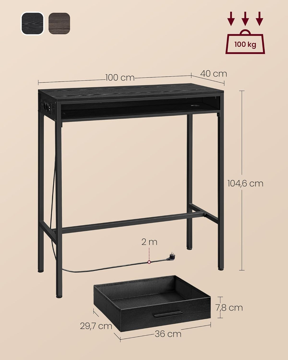 Barska miza s polnilno postajo in predalom, 40 x 100 x 104,6 cm, črna | VASAGLE-Vasdom.si
