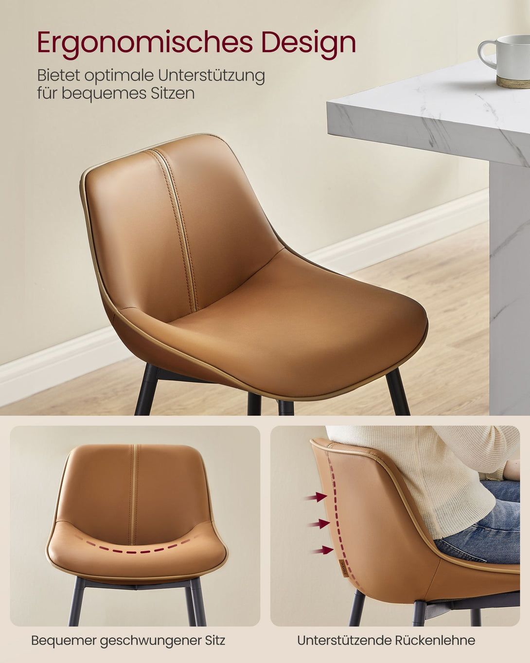 Barska stola 2 kos, ergonomsko naslonjalo, višina 73 cm, karamelno rjava | VASAGLE-Vasdom.si