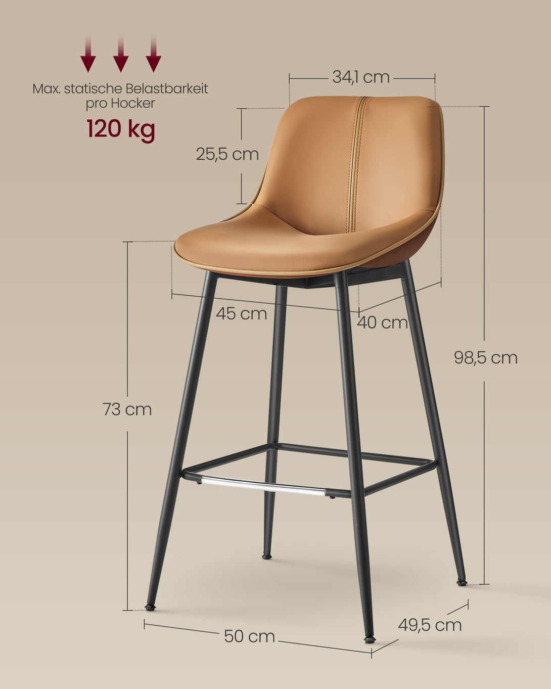 Barska stola 2 kos, ergonomsko naslonjalo, višina 73 cm, karamelno rjava | VASAGLE-Vasdom.si