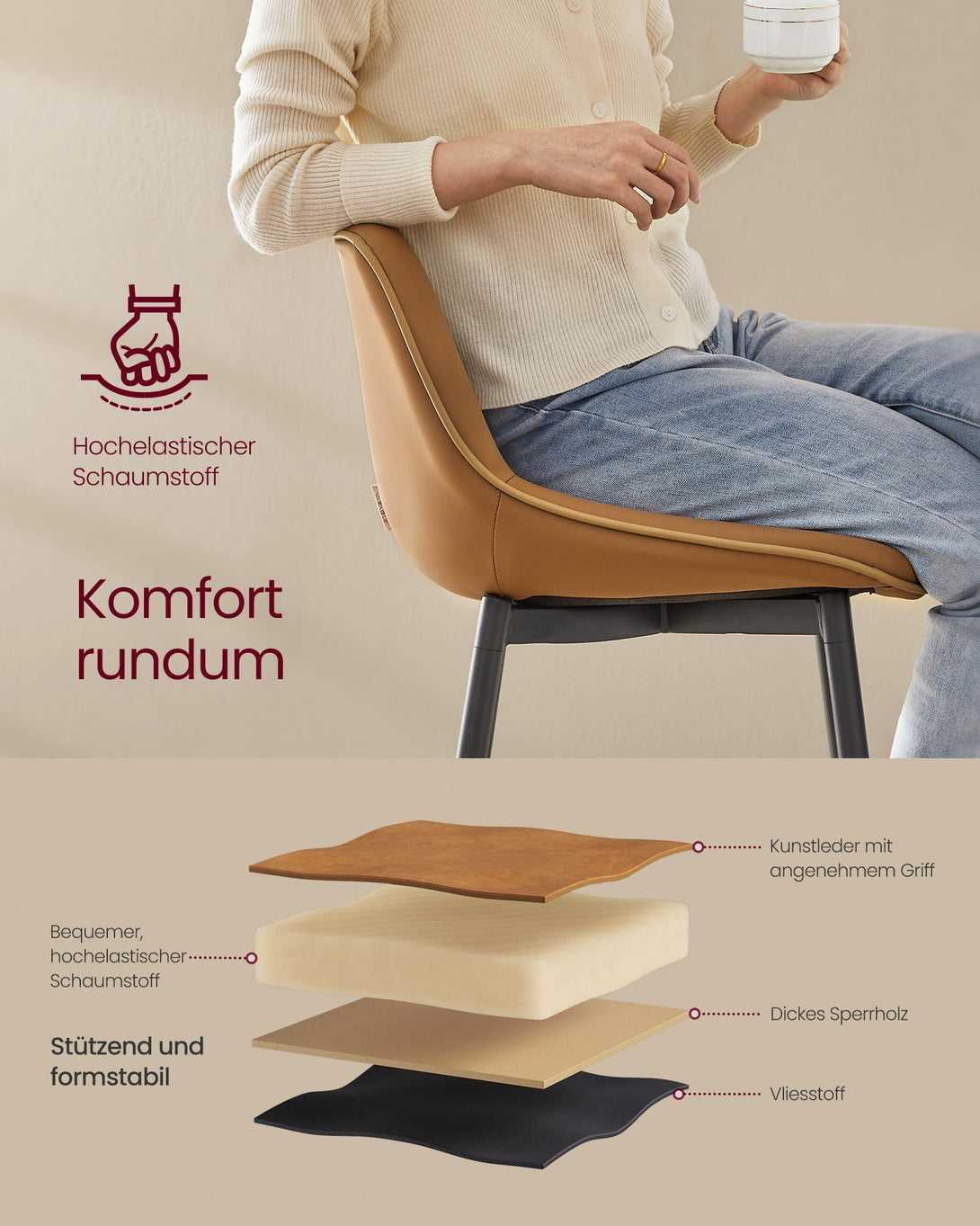 Barska stola 2 kos, ergonomsko naslonjalo, višina 73 cm, karamelno rjava | VASAGLE-Vasdom.si