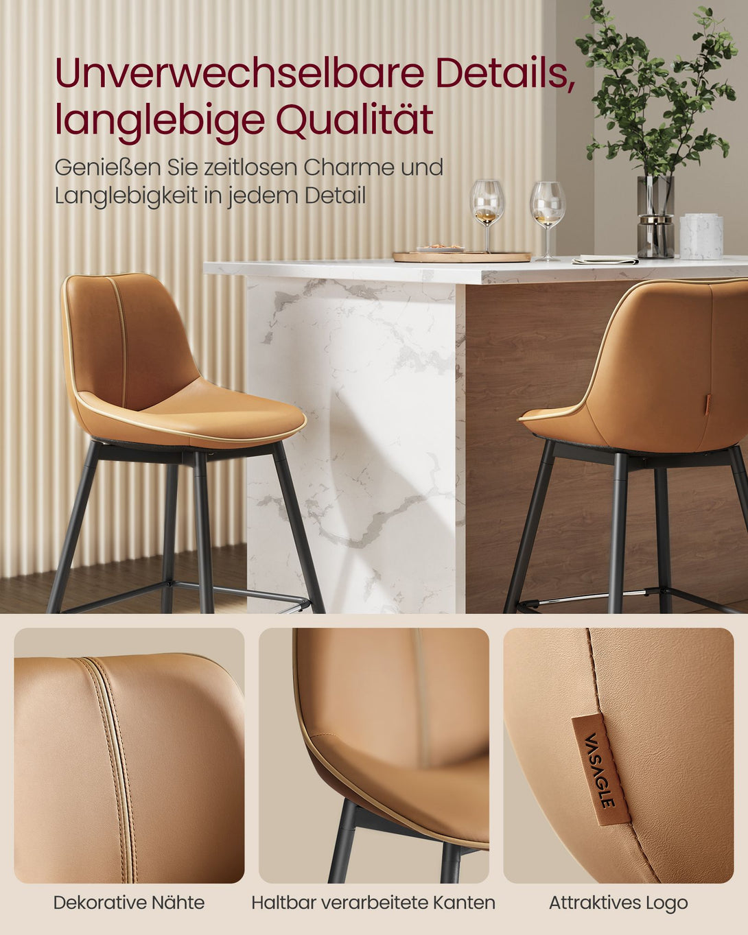 Barska stola 2 kos, ergonomsko naslonjalo, višina 73 cm, karamelno rjava | VASAGLE-Vasdom.si
