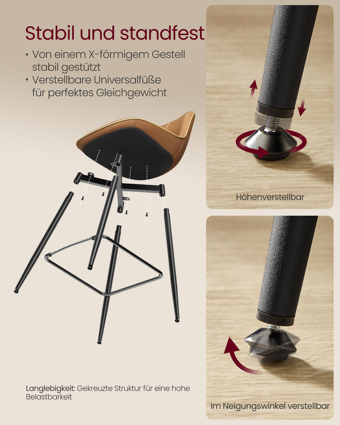 Barska stola 2 kos, ergonomsko naslonjalo, višina 73 cm, karamelno rjava | VASAGLE-Vasdom.si