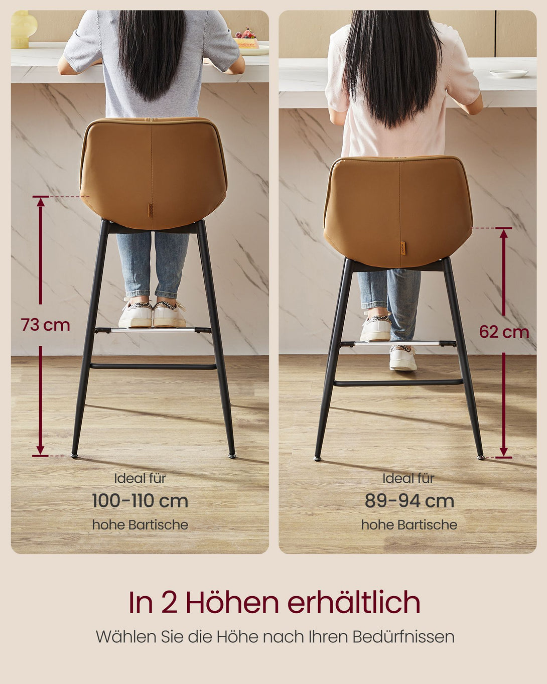 Barska stola 2 kos, ergonomsko naslonjalo, višina 73 cm, karamelno rjava | VASAGLE-Vasdom.si