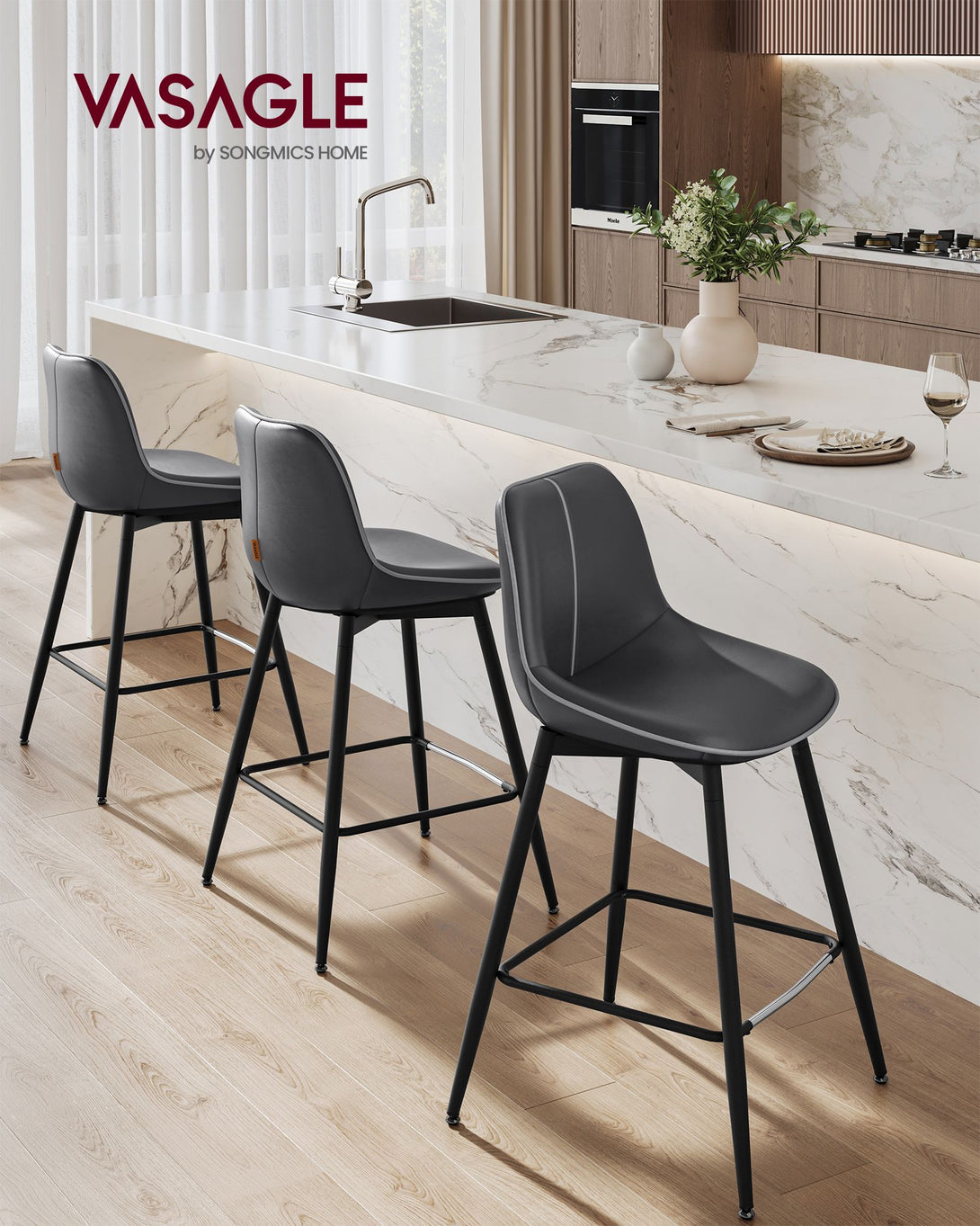 Barski stol, 2 kos, z ergonomskim naslonjalom, višina sedeža 62 cm, črna | VASAGLE-Vasdom.si