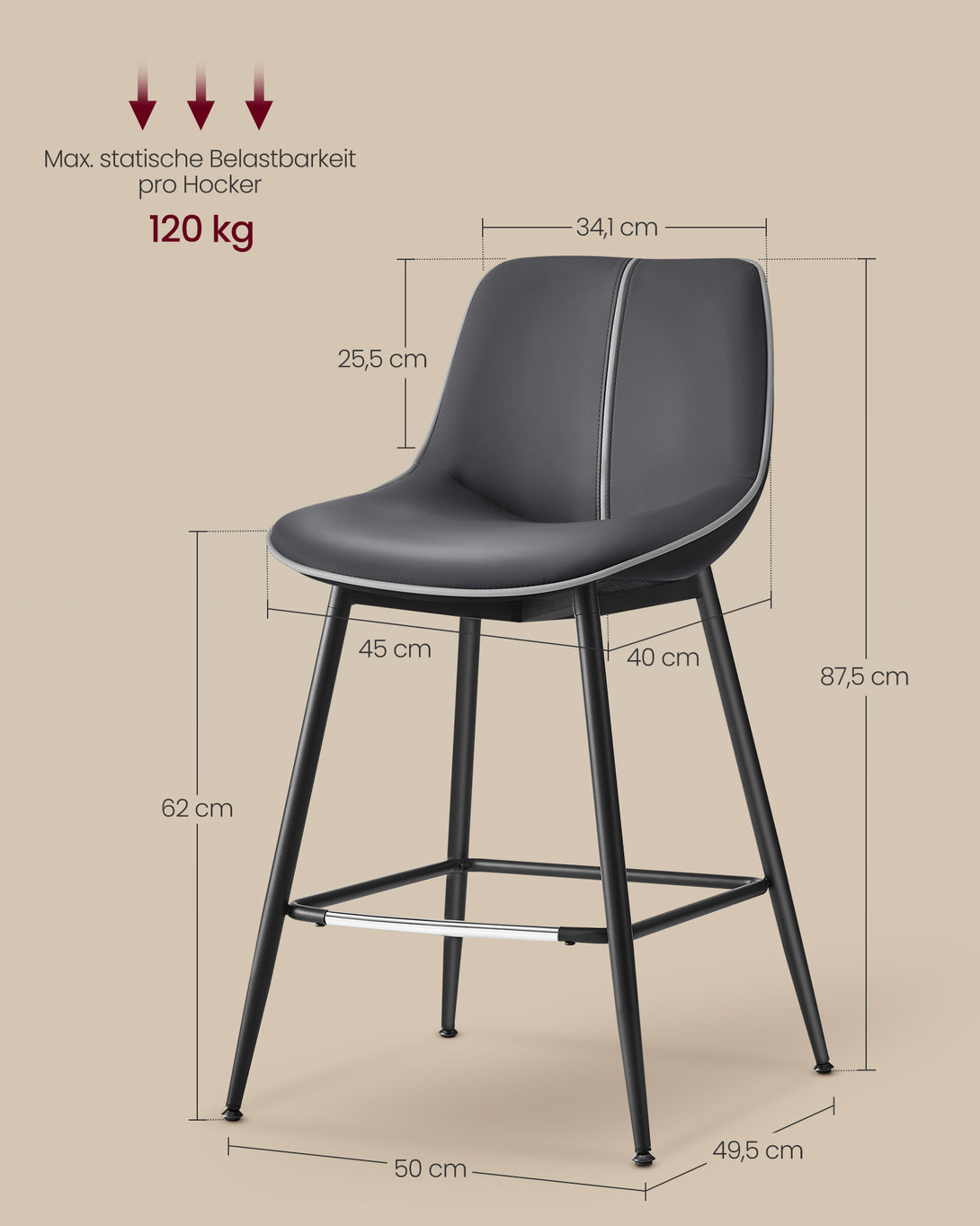 Barski stol, 2 kos, z ergonomskim naslonjalom, višina sedeža 62 cm, črna | VASAGLE-Vasdom.si