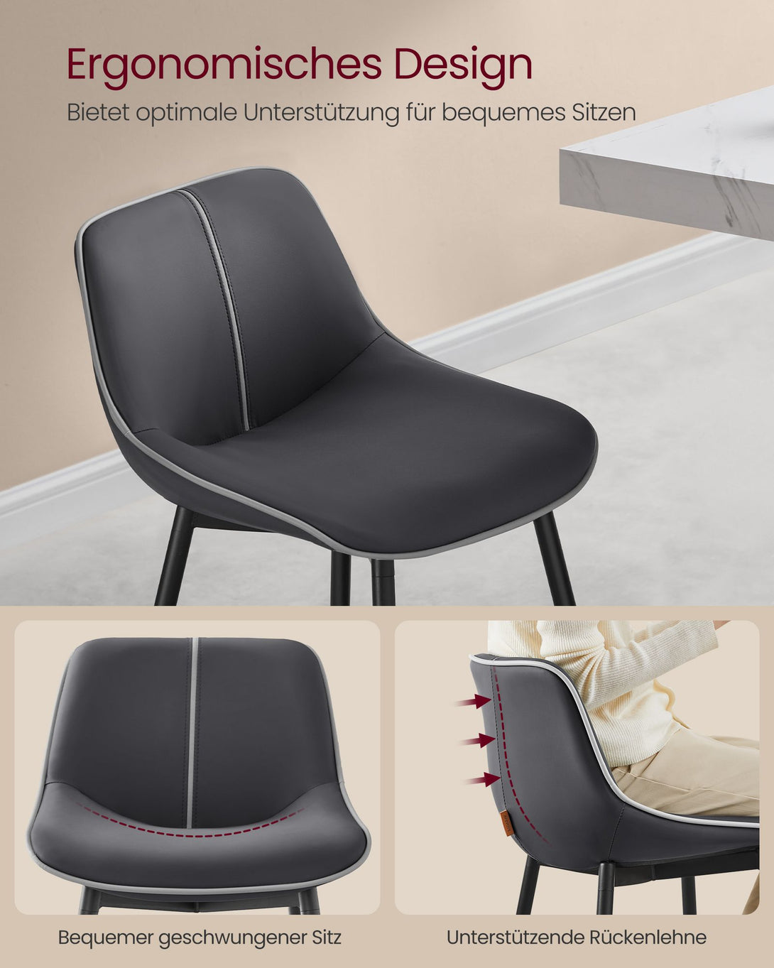 Barski stol, 2 kos, z ergonomskim naslonjalom, višina sedeža 62 cm, črna | VASAGLE-Vasdom.si