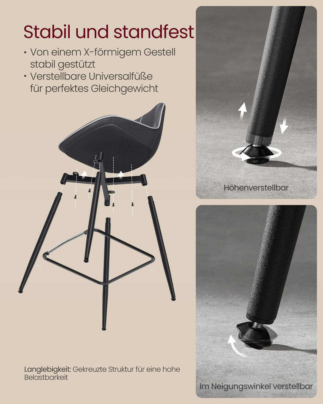 Barski stol, 2 kos, z ergonomskim naslonjalom, višina sedeža 62 cm, črna | VASAGLE-Vasdom.si