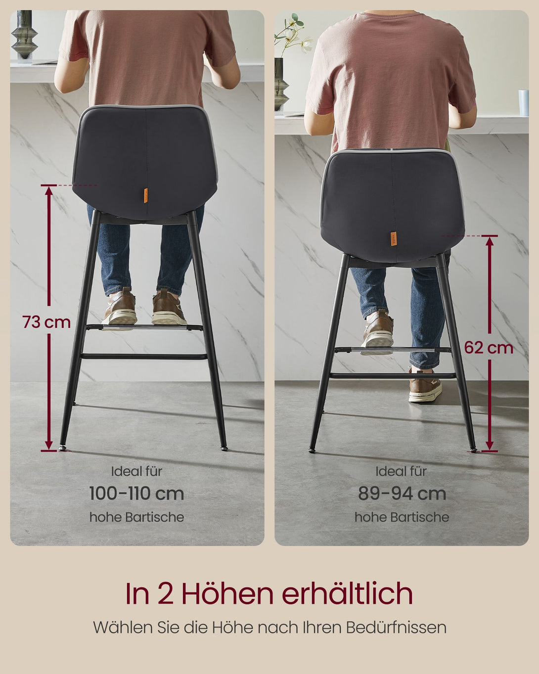 Barski stol, 2 kos, z ergonomskim naslonjalom, višina sedeža 62 cm, črna | VASAGLE-Vasdom.si