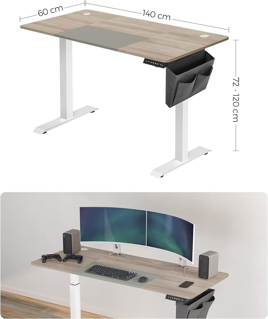 Električna miza nastavljiva po višini, 60 x 140 x (72-120) cm, belo-siva | SONGMICS-Vasdom.si