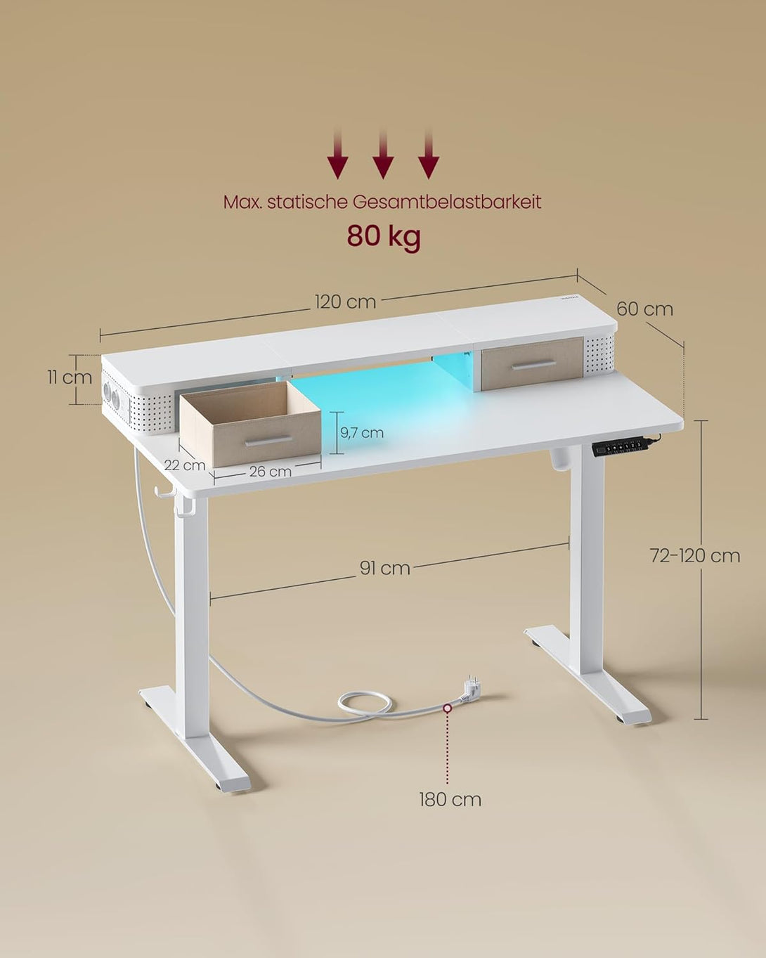 Električna miza z nastavljivo višino, LED, 60 x 120 x (72-120) cm, bela | VASAGLE-Vasdom.si