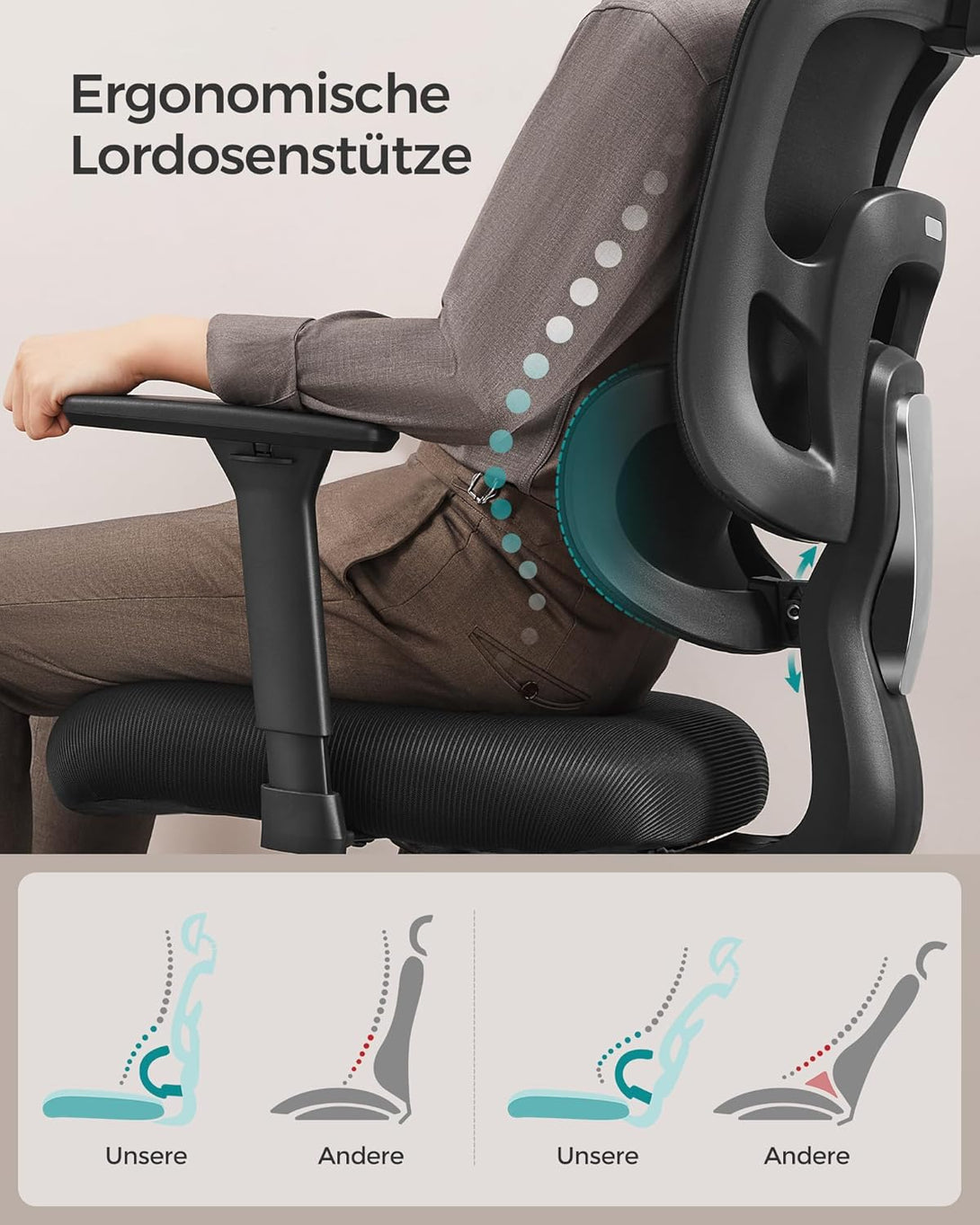 Ergonomski pisarniški stol, nastavljiva ledvena podpora, črna | SONGMICS-Vasdom.si