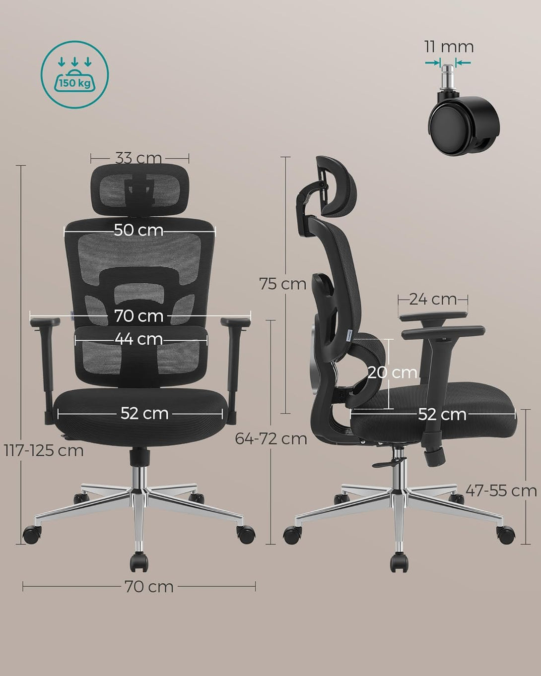 Ergonomski pisarniški stol, nastavljiva ledvena podpora, črna | SONGMICS-Vasdom.si