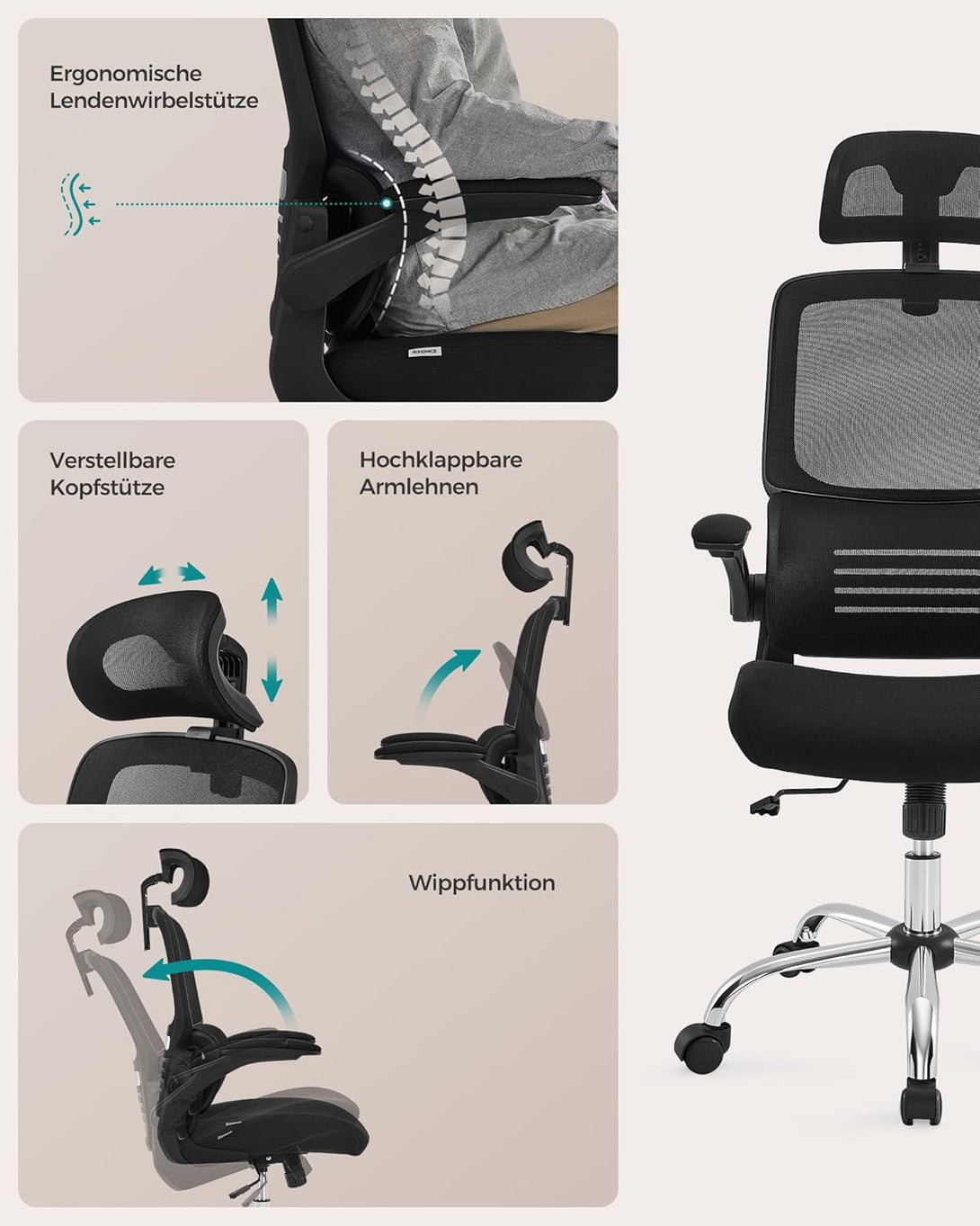 Ergonomski pisarniški stol z ledveno oporo in naslonom za glavo, črna | SONGMICS-Vasdom.si