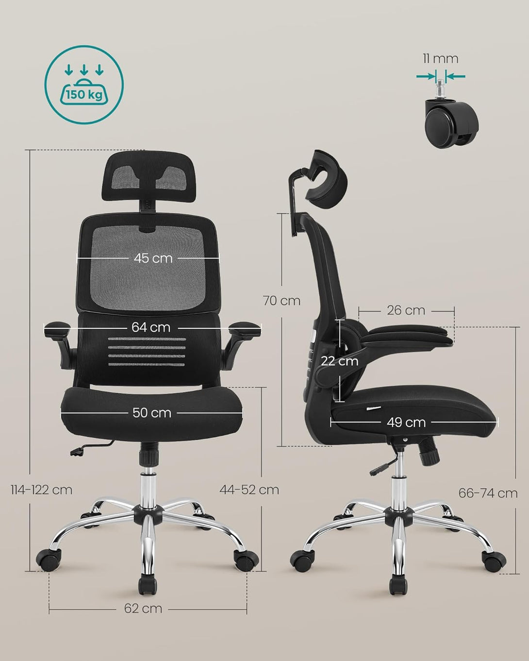 Ergonomski pisarniški stol z ledveno oporo in naslonom za glavo, črna | SONGMICS-Vasdom.si
