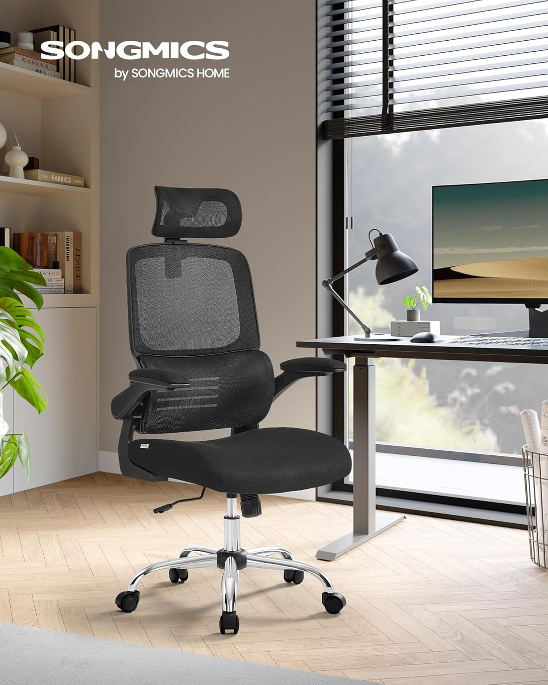 Ergonomski pisarniški stol z ledveno oporo in naslonom za glavo, črna | SONGMICS-Vasdom.si