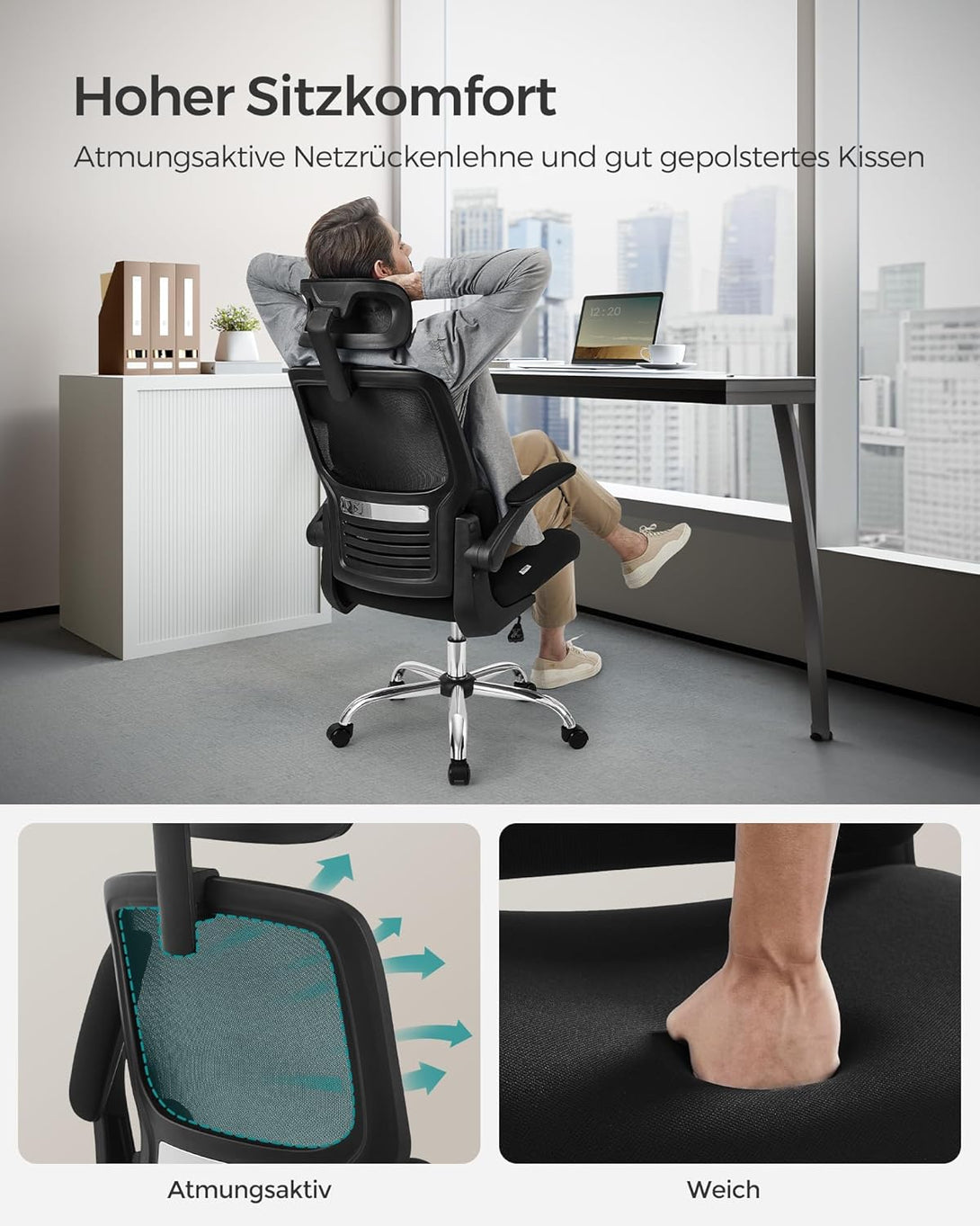 Ergonomski pisarniški stol z ledveno oporo in naslonom za glavo, črna | SONGMICS-Vasdom.si