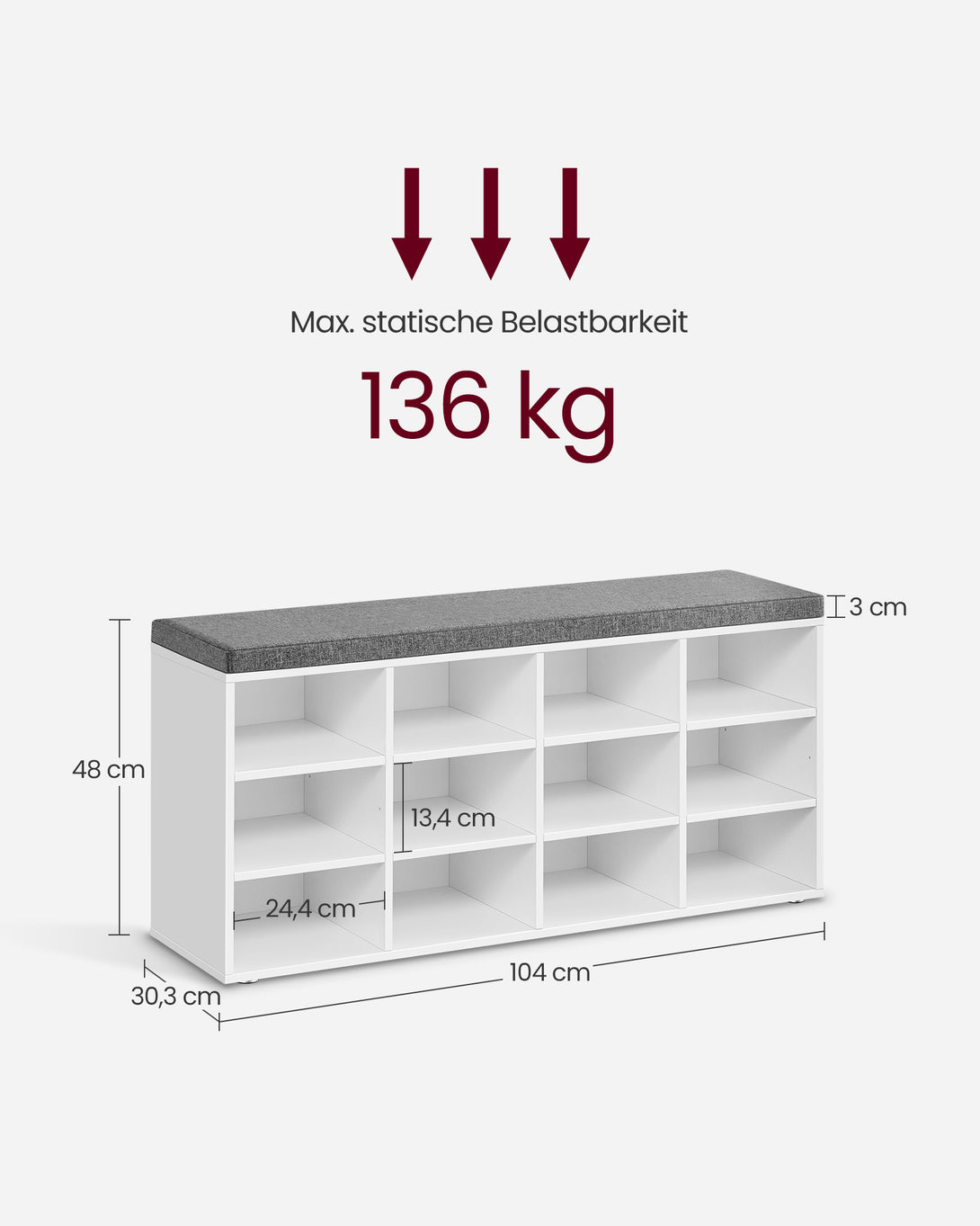 Klop za čevlje z oblazinjenim sedežem, 12 predelkov, bela | VASAGLE-Vasdom.si