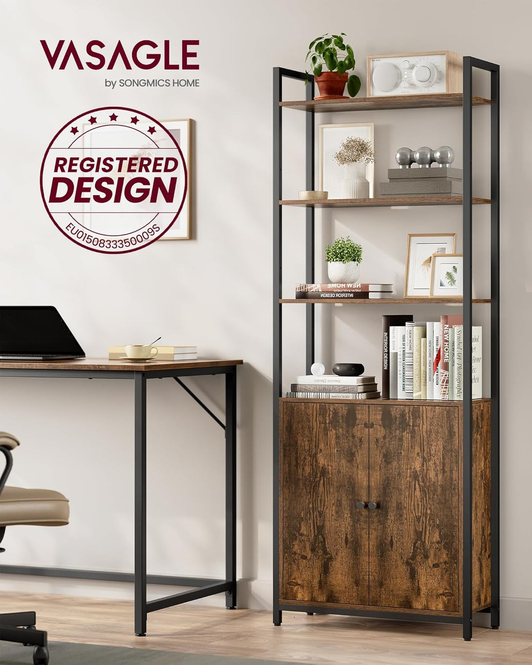 Knjižna polica na 6 ravneh, 24 x 60 x 159,5 cm, rustikalno rjava in črna | VASAGLE-Vasdom.si