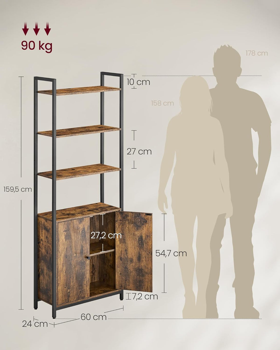 Knjižna polica na 6 ravneh, 24 x 60 x 159,5 cm, rustikalno rjava in črna | VASAGLE-Vasdom.si