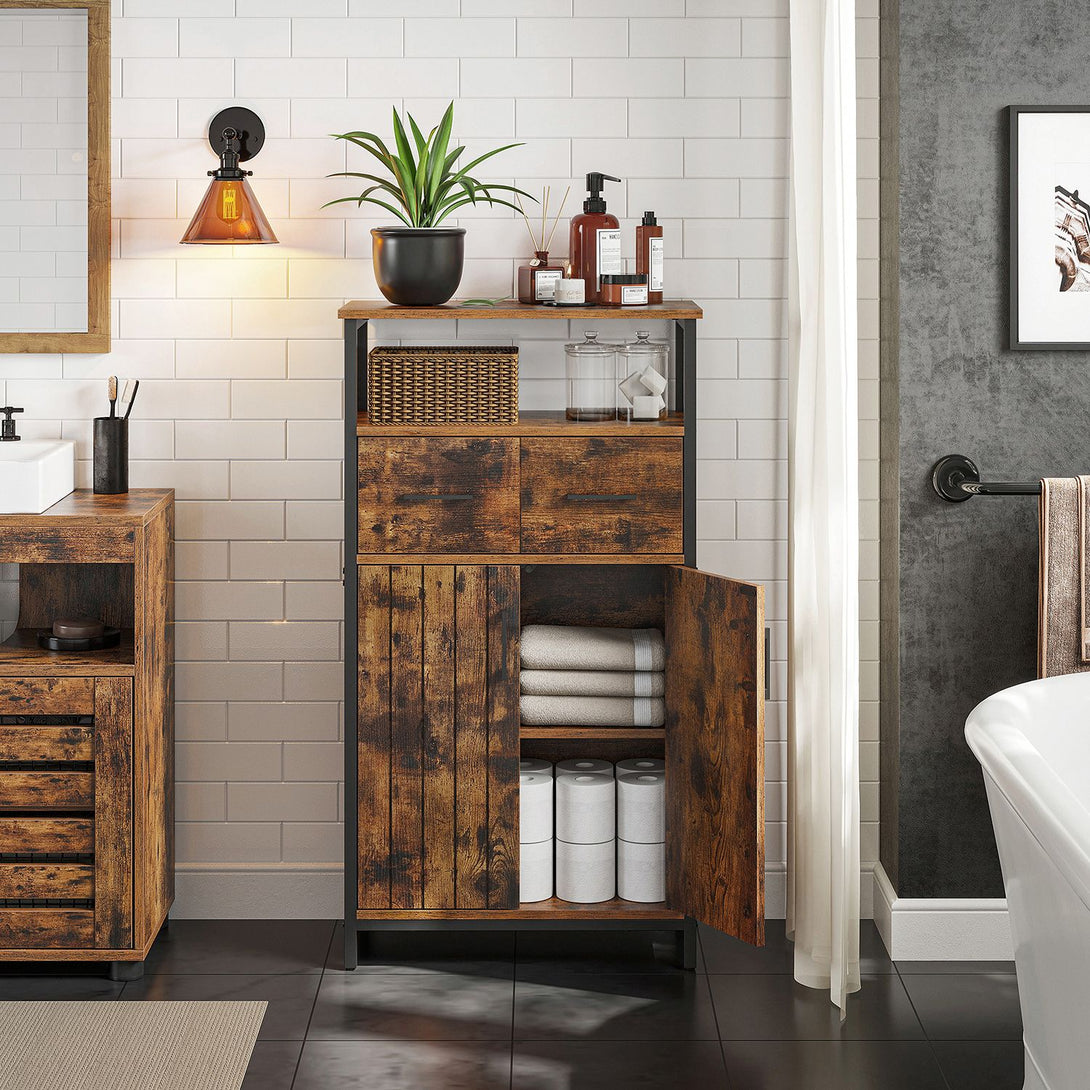 Komoda s predalom in polico, 60 x 30 x 108 cm, rustikalno rjava in črna | VASAGLE-Vasdom.si