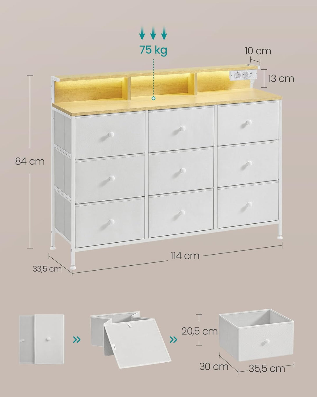 Komoda z 9 predali in LED osvetlitvijo, 33,5 x 114 x 84 cm, bela in rjava | SONGMICS-Vasdom.si