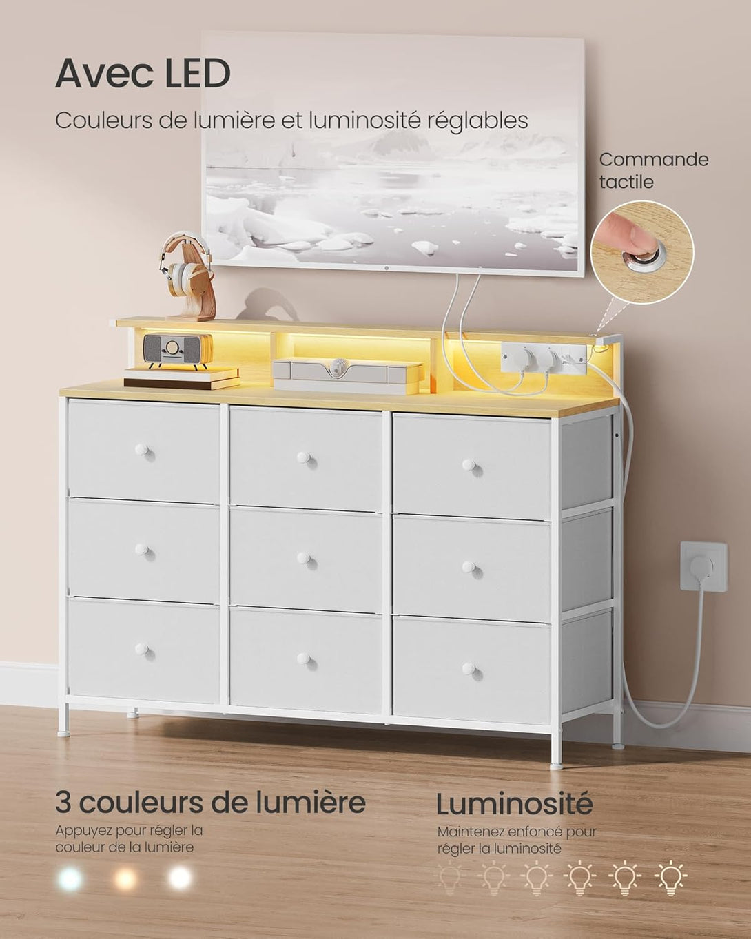 Komoda z 9 predali in LED osvetlitvijo, 33,5 x 114 x 84 cm, bela in rjava | SONGMICS-Vasdom.si