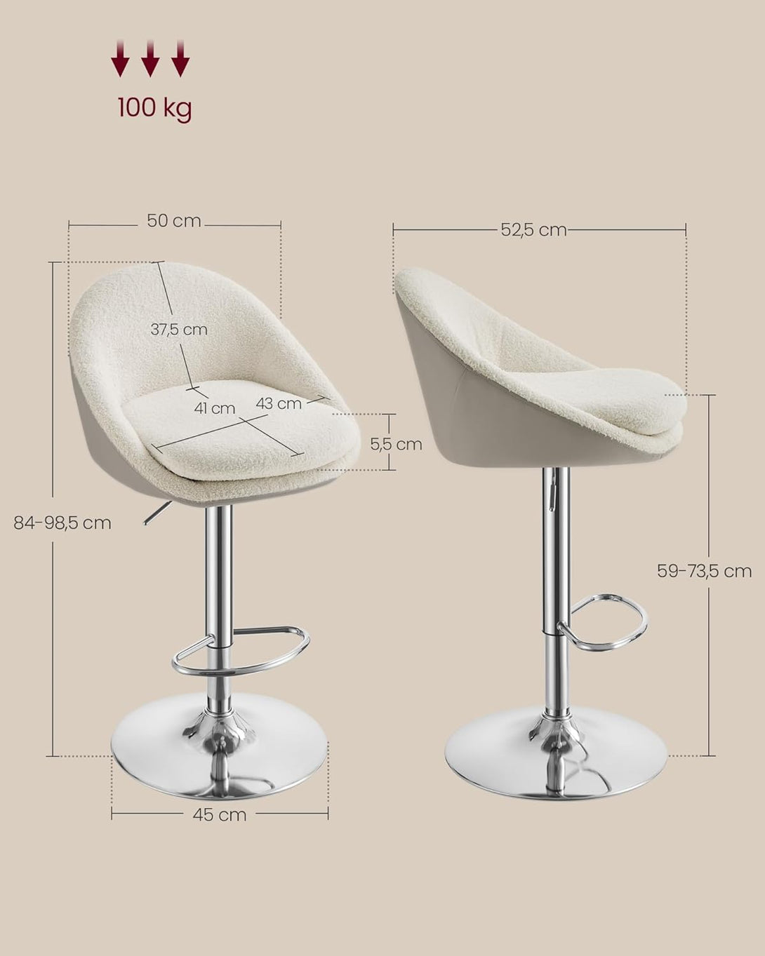 Komplet 2 barskih stolov, po višini nastavljiv za 360°, krem bela | VASAGLE-Vasdom.si