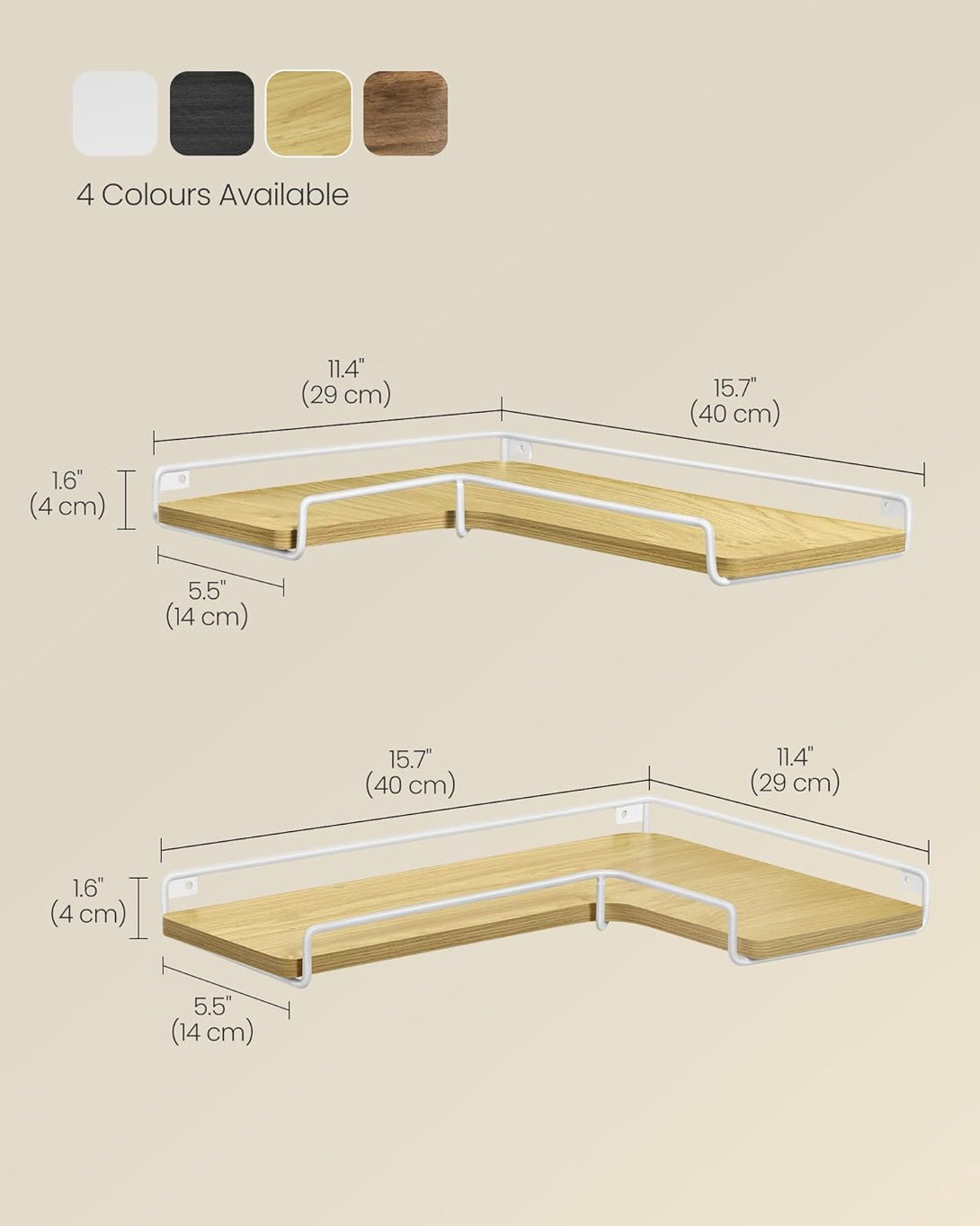 Komplet 2 stenskih, kotnih polic, 28,96 x 39,88 x 1,27 cm, hrast in bela | VASAGLE-Vasdom.si