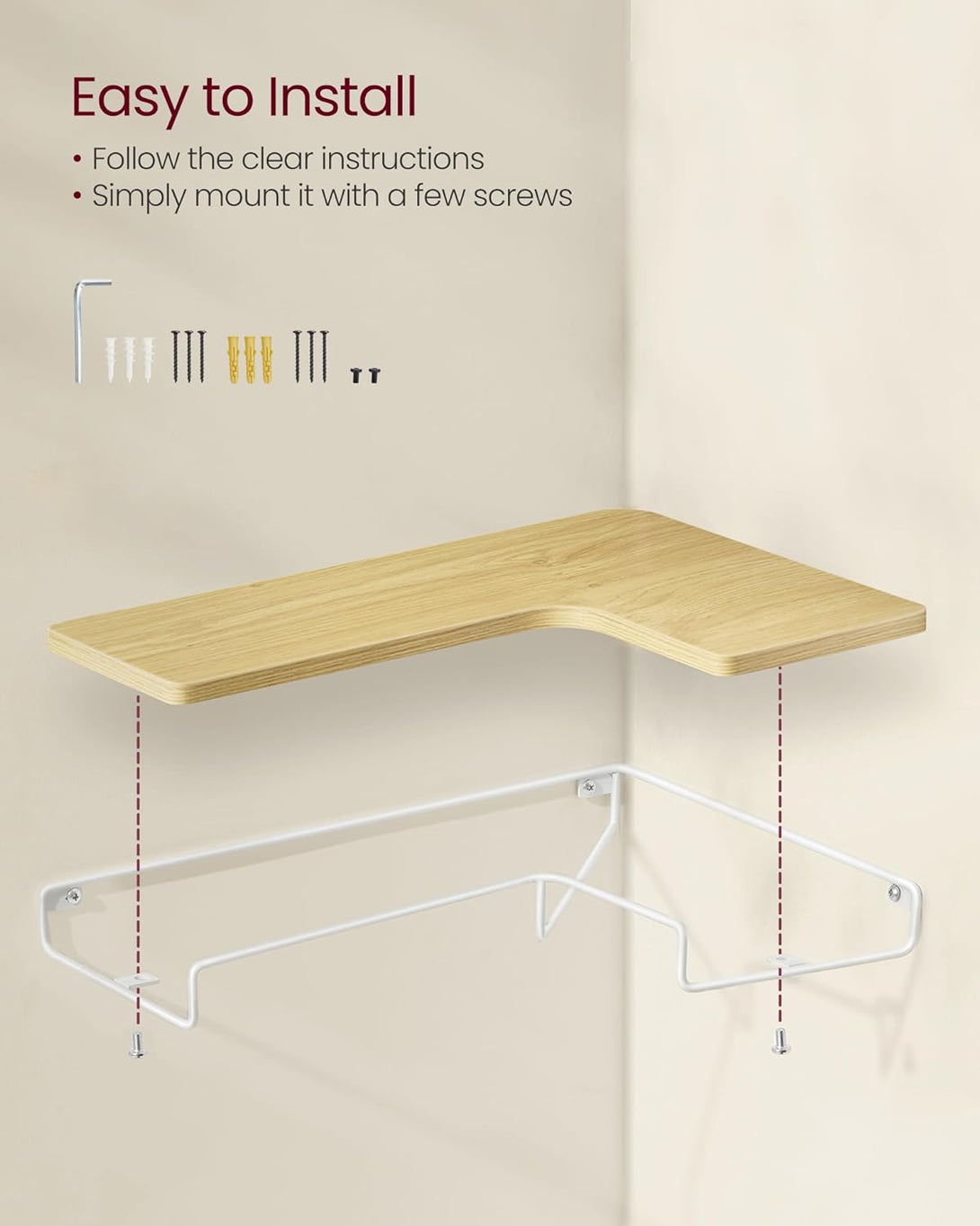 Komplet 2 stenskih, kotnih polic, 28,96 x 39,88 x 1,27 cm, hrast in bela | VASAGLE-Vasdom.si