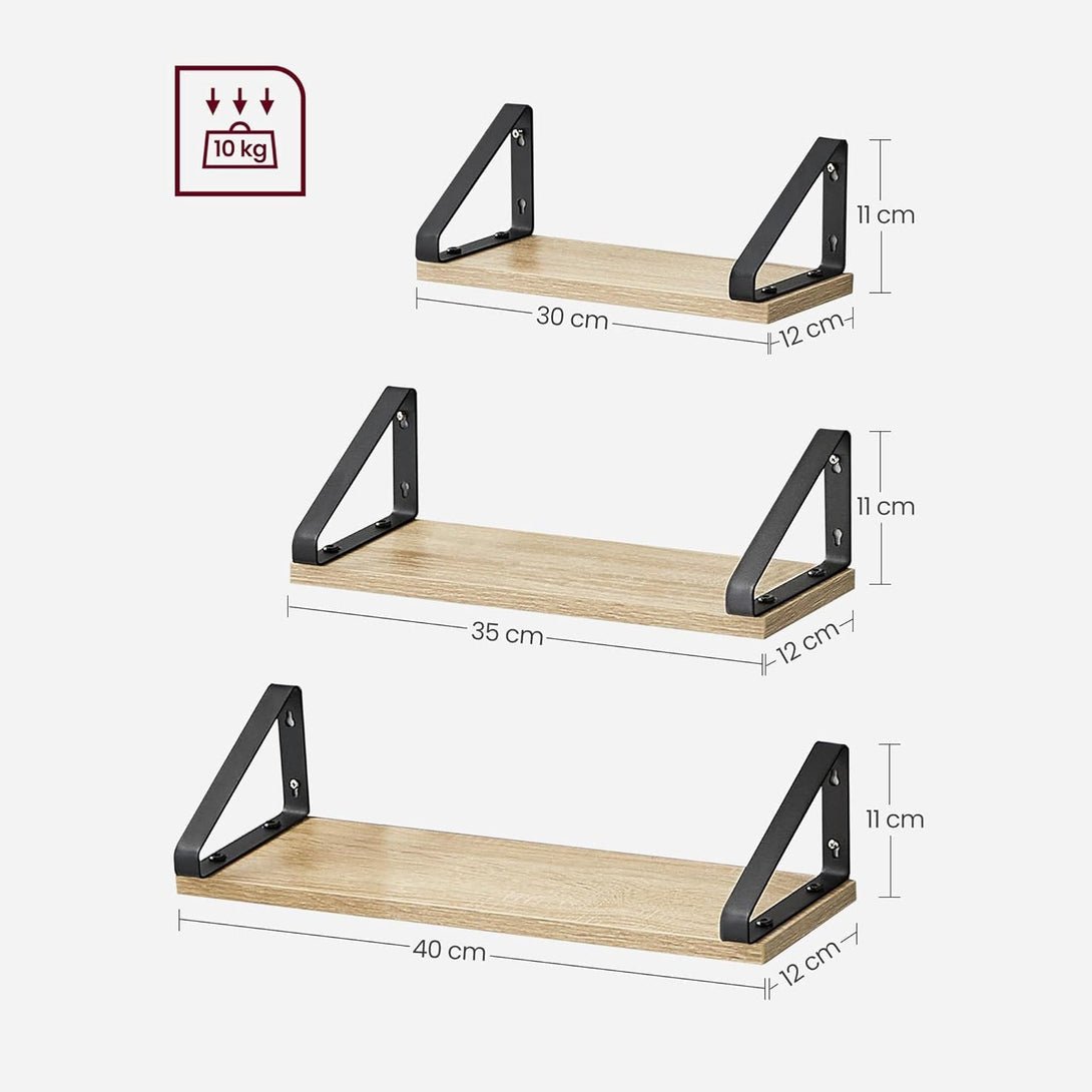 Komplet 3 stenskih polic različnih dimenzij, 30/35/40 x 12 x 11 cm, hrast-črna | VASAGLE-Vasdom.si