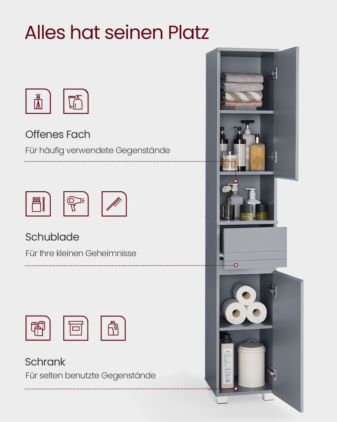 Kopalniška omarica s predalom in policami, 30 x 30 x 170 cm, sive barve | SONGMICS-Vasdom.si