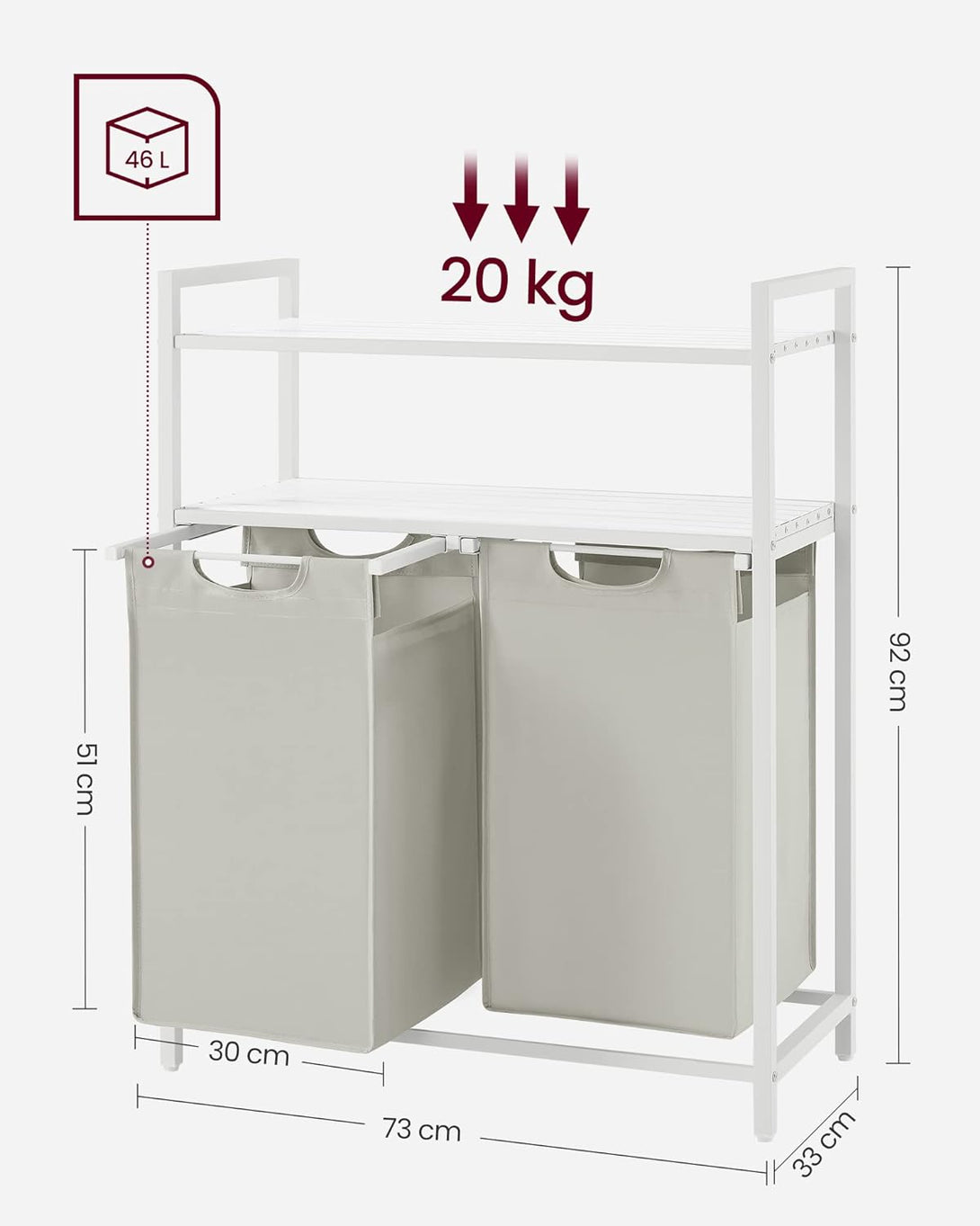 Koš za perilo, 2 prekata, 2x46l, bela | VASAGLE-Vasdom.si