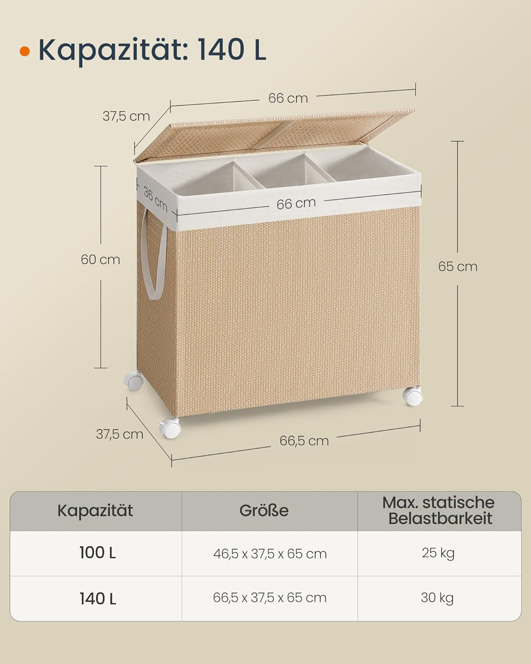 Koš za perilo s 3 predali, 66,5 x 37,5 x 65 cm, bež in bele barve | SONGMICS-Vasdom.si