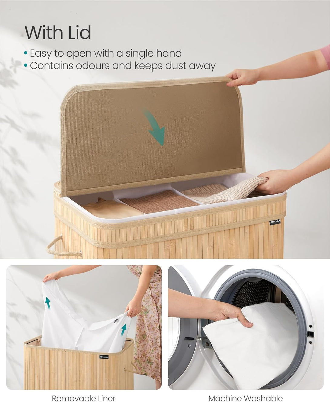 Košara za perilo iz bambusa, 41,5 x 62,5 x 61 cm, 150 l, v naravni bež barvi | SONGMICS-Vasdom.si