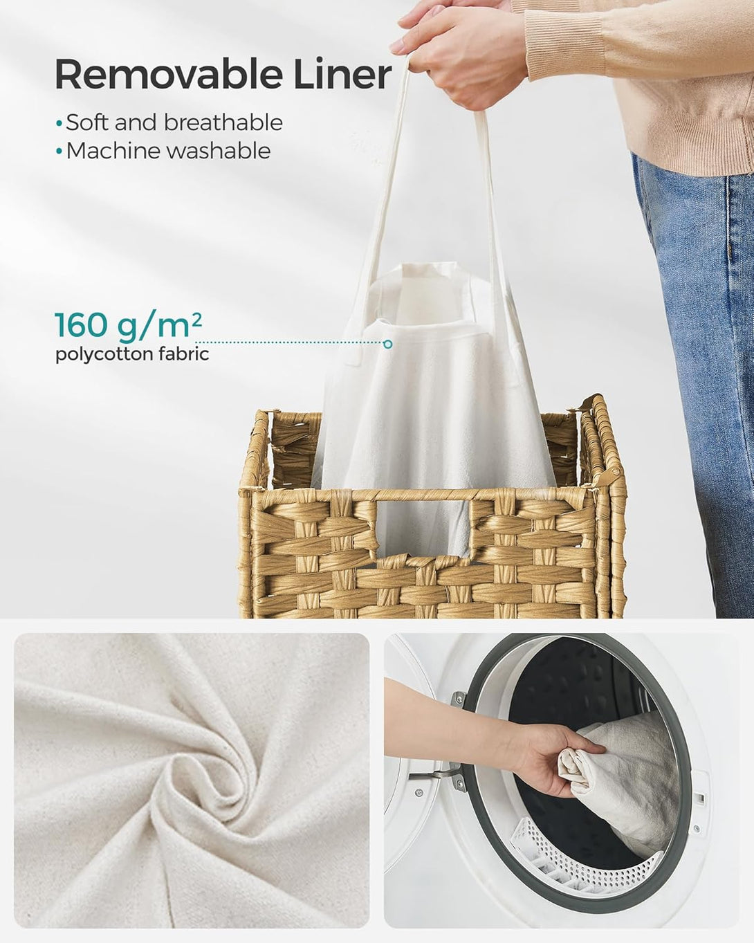 Košara za perilo iz ratana, 90 L, z odstranljivo vrečko, naravna | SONGMICS-Vasdom.si