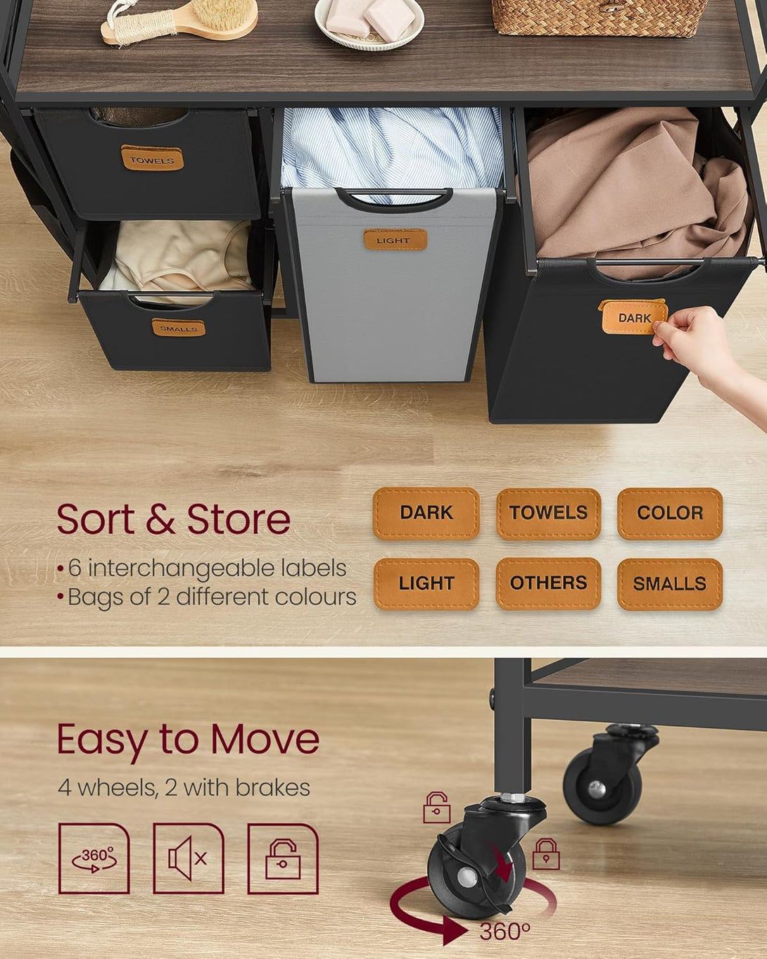 Košara za perilo s 4 predelki – 98,6 x 33 x 80,5 cm, rjava, črna in siva | VASAGLE-Vasdom.si