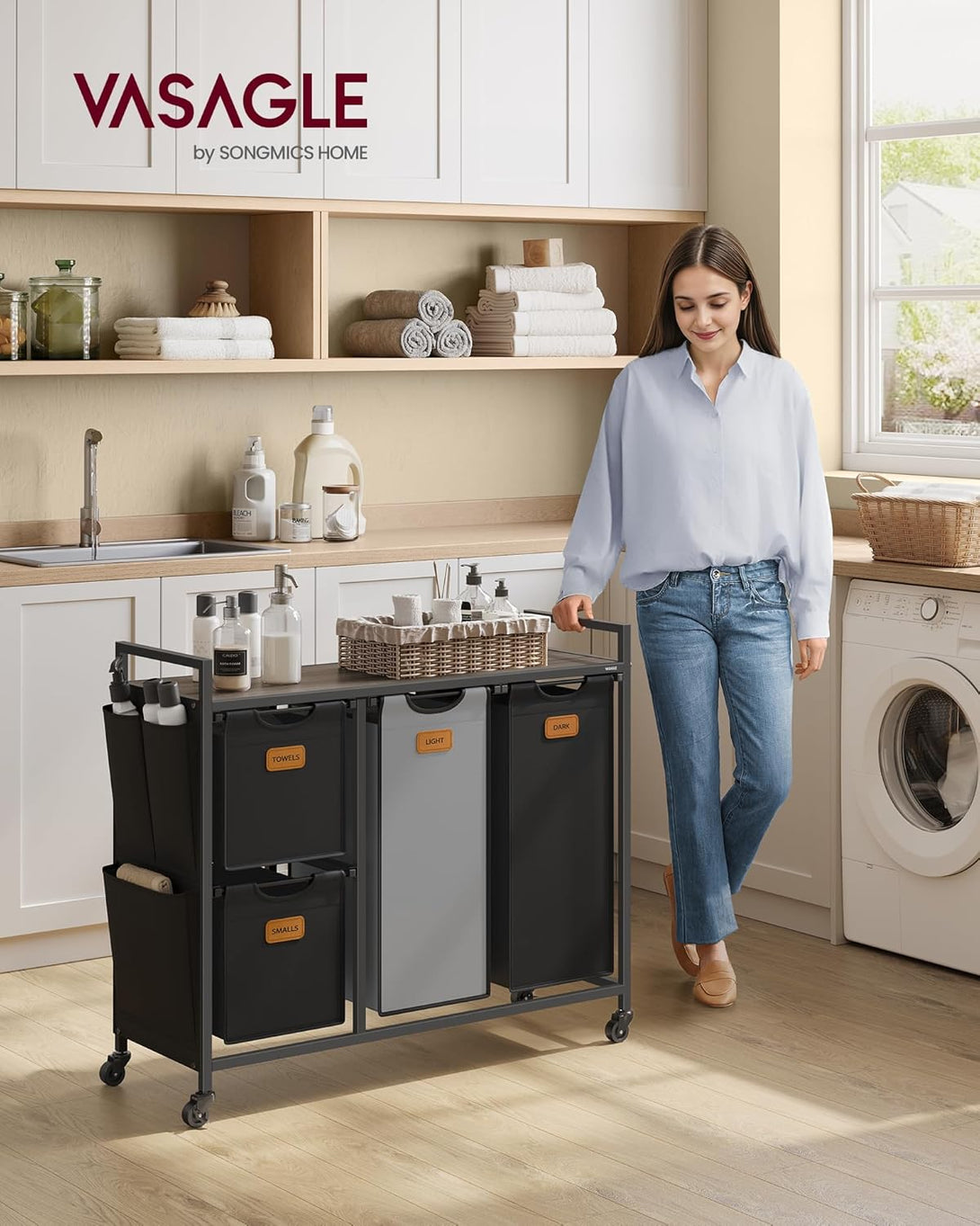 Košara za perilo s 4 predelki – 98,6 x 33 x 80,5 cm, rjava, črna in siva | VASAGLE-Vasdom.si