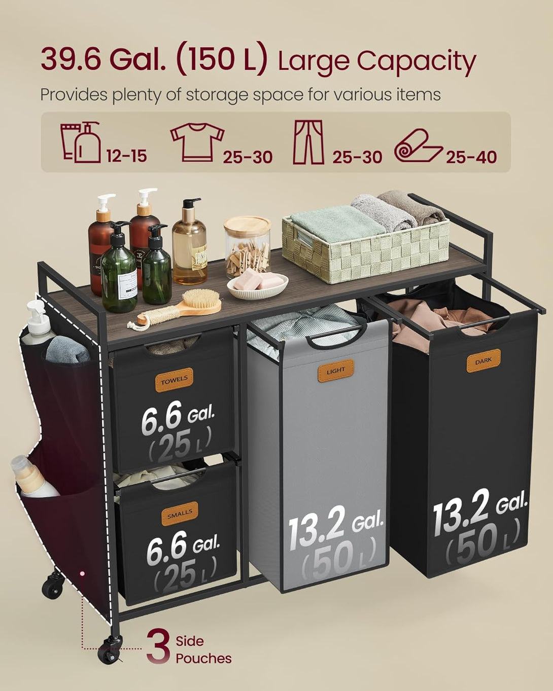 Košara za perilo s 4 predelki – 98,6 x 33 x 80,5 cm, rjava, črna in siva | VASAGLE-Vasdom.si
