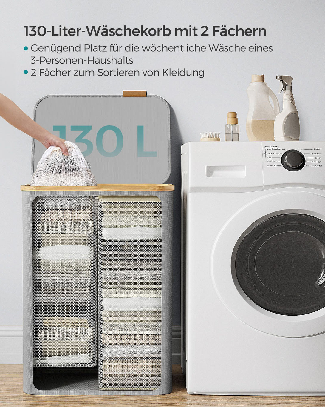 Košara za perilo s pokrovom 130L, z 2 predelkoma, siva | SONGMICS-Vasdom.si