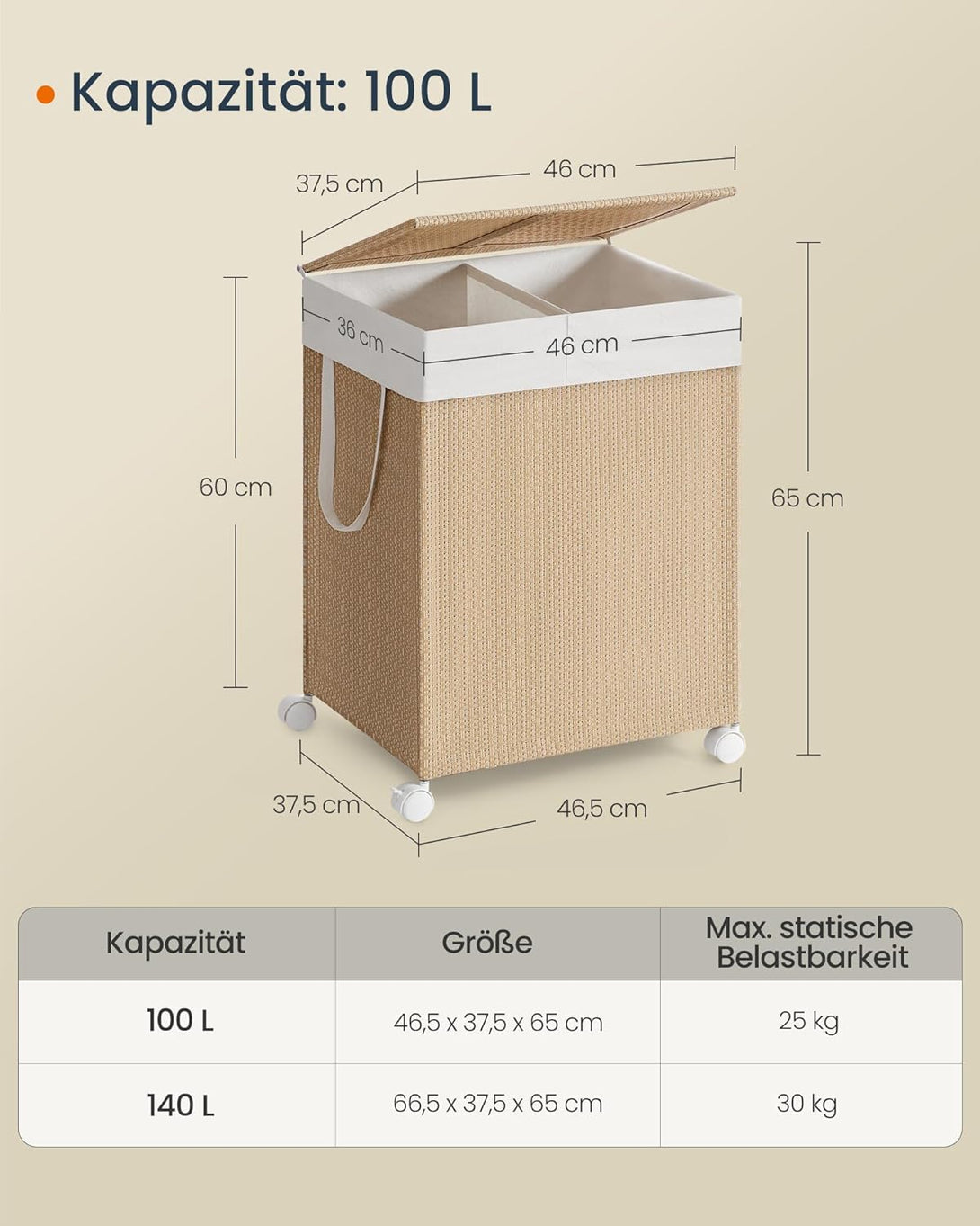 Košara za perilo z 2 predeloma, 46,5 x 37,5 x 65 cm, bež in bela | SONGMICS-Vasdom.si
