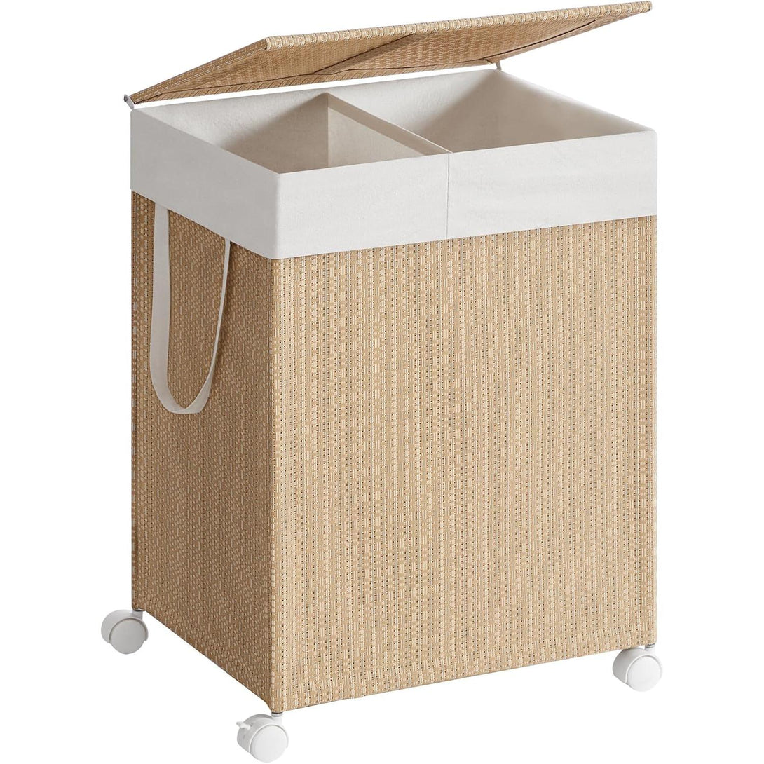 Košara za perilo z 2 predeloma, 46,5 x 37,5 x 65 cm, bež in bela | SONGMICS-Vasdom.si