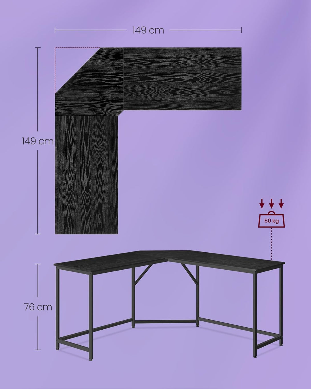 Kotna miza v obliki črke L, pisalna miza, igralna miza, 149 x 149 x 76 cm, črna | VASAGLE-Vasdom.si