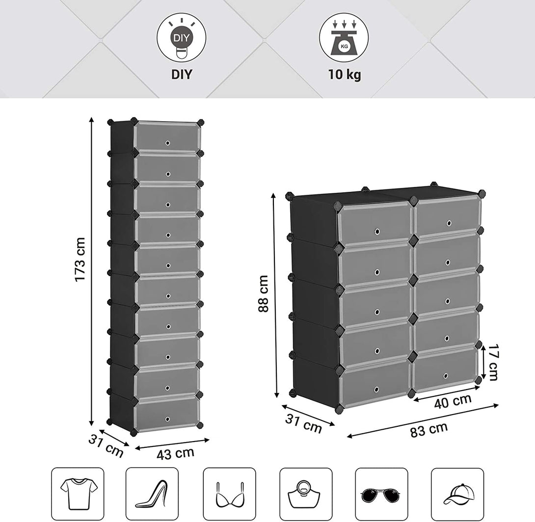 Modularni, plastični organizator za čevlje, 40 x 30 x 17 cm na predal, črna | SONGMICS-Vasdom.si