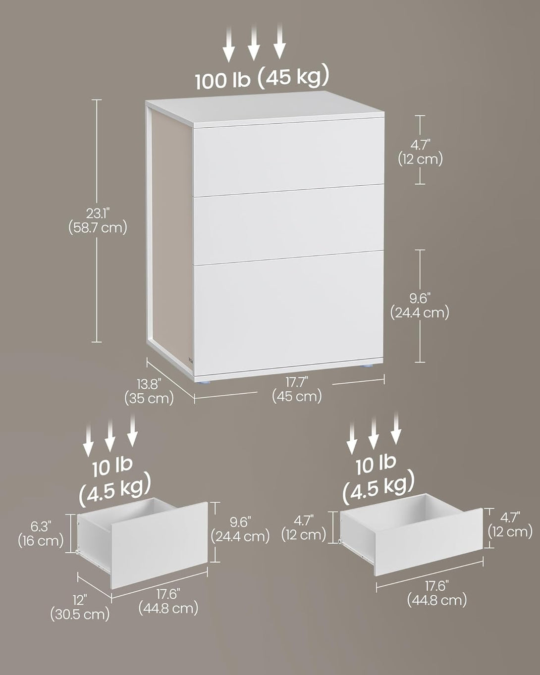 Nočna omarica s 3 predali – 35 x 45 x 58,7 cm, bež in bela | VASAGLE-Vasdom.si