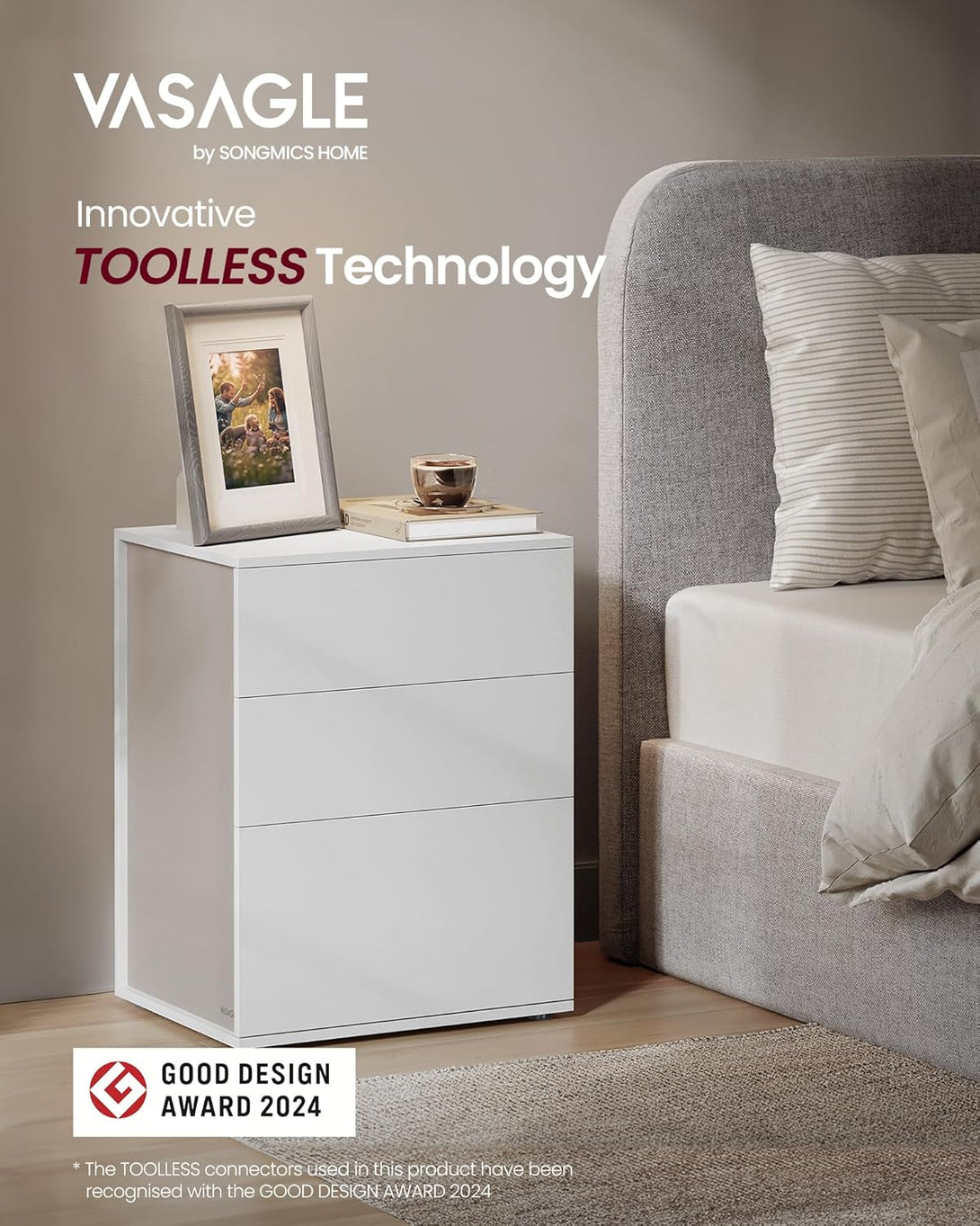 Nočna omarica s 3 predali – 35 x 45 x 58,7 cm, bež in bela | VASAGLE-Vasdom.si