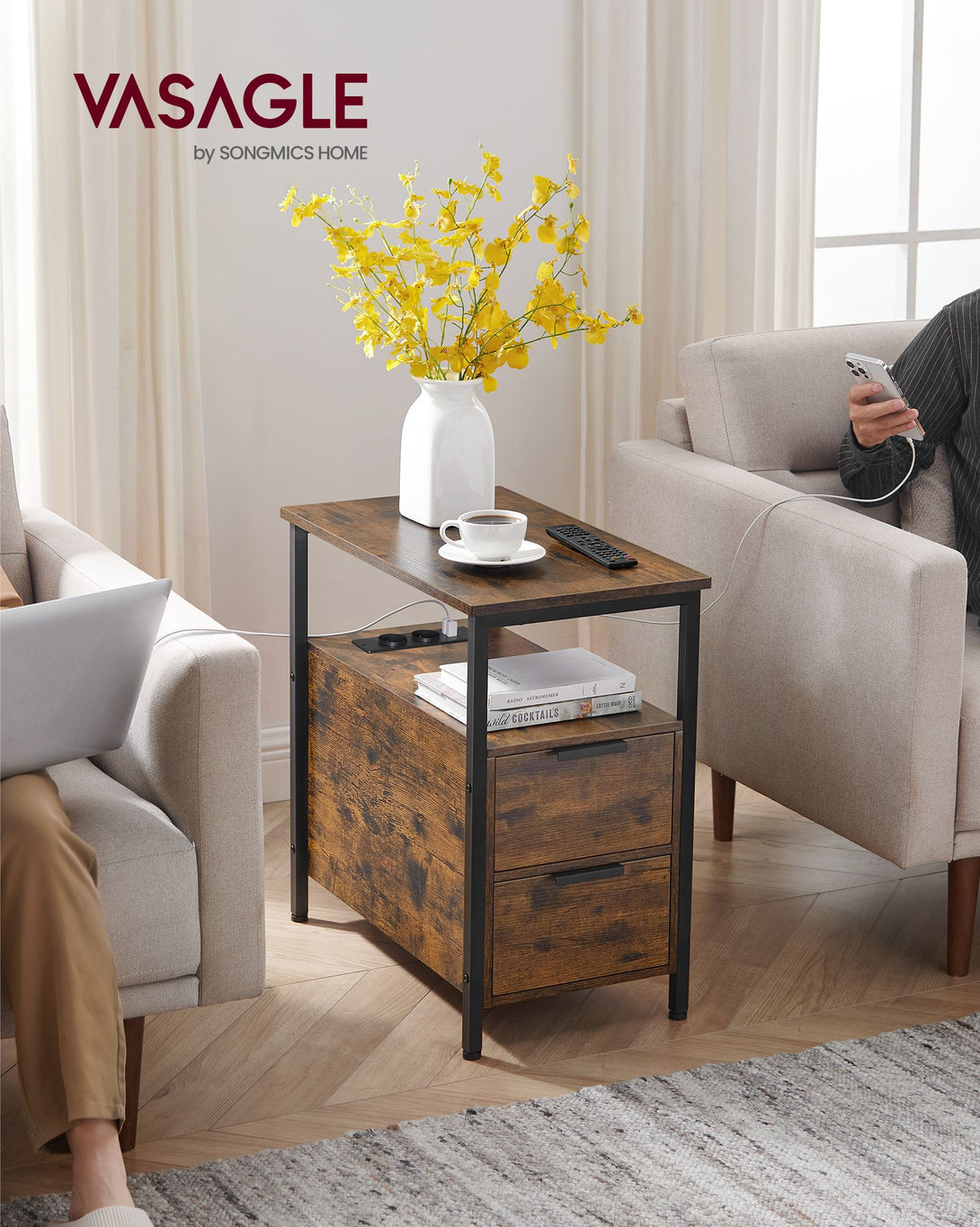 Nočna omarica z vtičnicami, 60 x 35 x 61 cm, rjavo-črna | VASAGLE-Vasdom.si