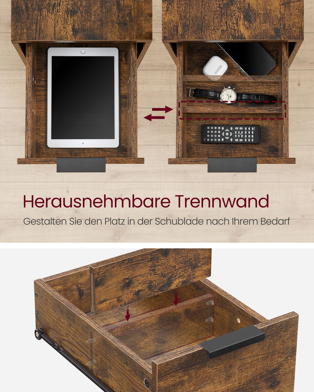 Nočna omarica z vtičnicami, 60 x 35 x 61 cm, rjavo-črna | VASAGLE-Vasdom.si